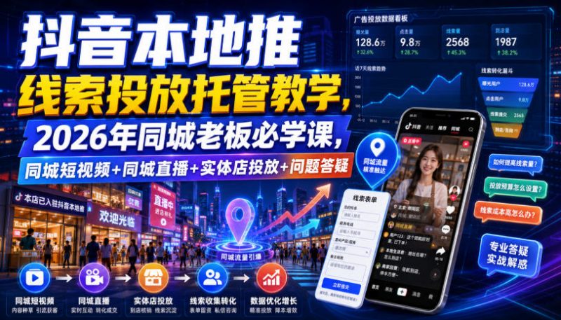 抖音本地推线索投放托管教学，2026年同城老板必学课，同城短视频+同城直播+实体店投放+问题答疑-玻哥网络技术工作室