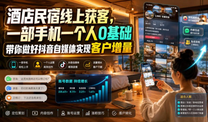 酒店民宿线上获客，一部手机一个人0基础带你做好抖音自媒体实现客户增量-玻哥网络技术工作室