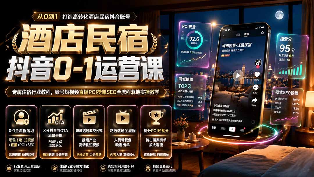 图片[2]-酒店民宿抖音0-1运营课｜专属住宿行业教程，账号短视频直播POI榜单SEO全流程落地实操教学-玻哥网络技术工作室