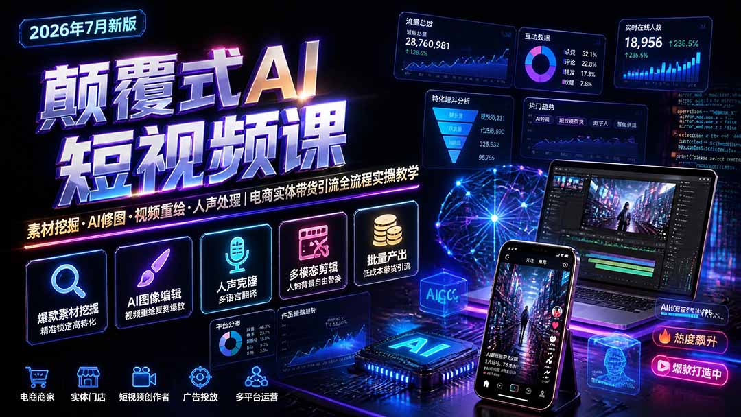 图片[1]-颠覆式AI短视频课｜素材挖掘，AI修图，视频重绘，人声处理｜电商实体带货引流全流程实操教学-玻哥网络技术工作室