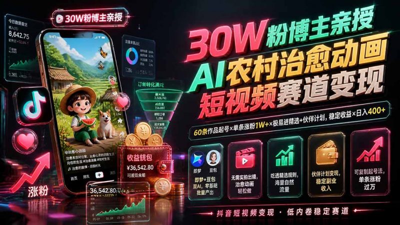 30W粉博主亲授AI农村治愈动画短视频赛道变现：60条作品起号×单条涨粉1W+×极易进精选+伙伴计划，稳定收益×日入400+-玻哥网络技术工作室