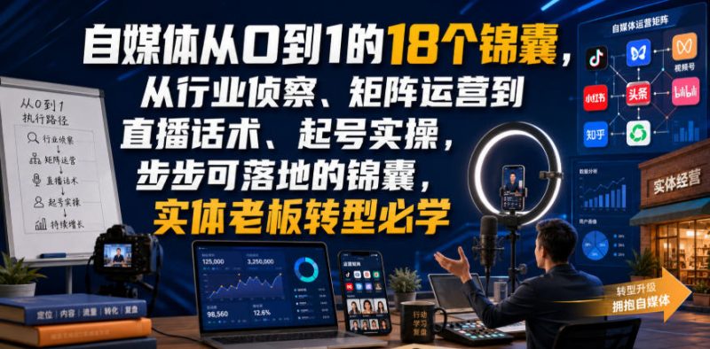 自媒体从0到1的18个锦囊，从行业侦察、矩阵运营到直播话术、起号实操，步步可落地的锦囊，实体老板转型必学-玻哥网络技术工作室