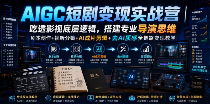 AIGC短剧变现实战营｜吃透影视底层逻辑，搭建专业导演思维，剧本创作+视听分镜+AI成片剪辑+去AI质感全链路变现教学-玻哥网络技术工作室