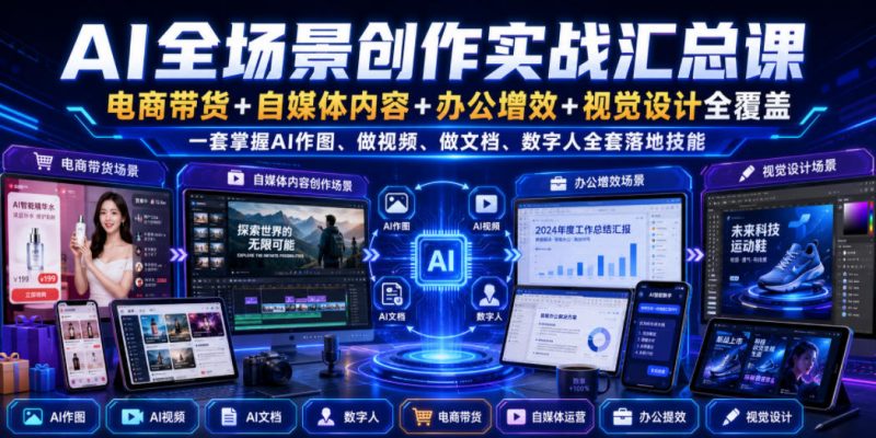 AI全场景创作实战汇总课｜电商带货+自媒体内容+办公增效+视觉设计全覆盖，一套掌握AI作图、做视频、做文档、数字人全套落地技能-玻哥网络技术工作室