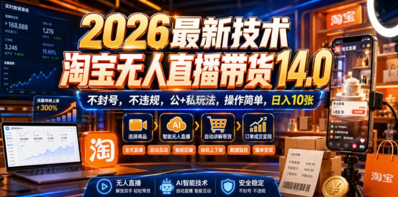 2026最新技术，淘宝无人直播带货14.0，不封号，不违规，公+私玩法，操作简单，日入10张【揭秘】-玻哥网络技术工作室
