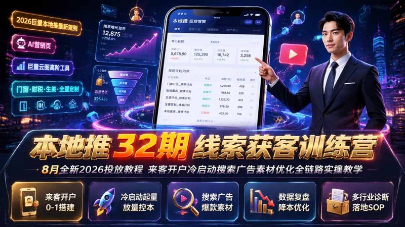 本地推32期线索获客训练营｜8月全新2026投放教程，来客开户冷启动搜索广告素材优化全链路实操教学-玻哥网络技术工作室
