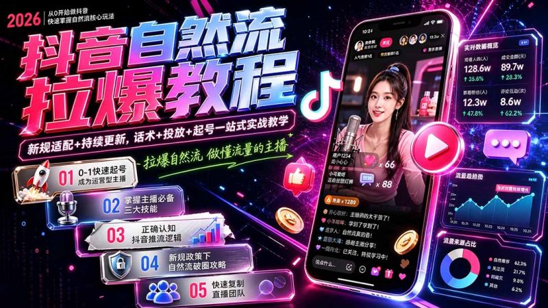 抖音自然流拉爆教程-更新7月：做懂流量的主播，新规适配+持续更新，话术+投放+起号一站式实战教学-玻哥网络技术工作室