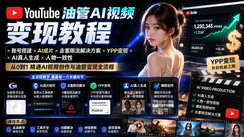 YouTube油管AI视频变现教程：账号搭建×AI成片×去重限流解决方案×YPP变现×AI真人生成×人物一致性-玻哥网络技术工作室