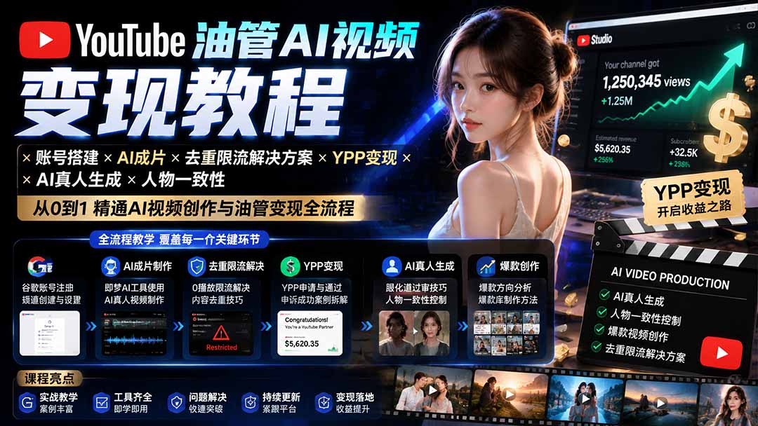 图片[1]-YouTube油管AI视频变现教程：账号搭建×AI成片×去重限流解决方案×YPP变现×AI真人生成×人物一致性-玻哥网络技术工作室