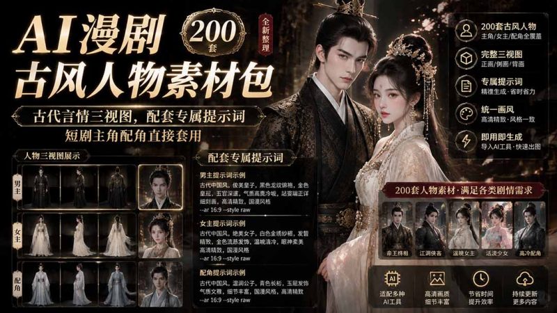 AI漫剧古风人物素材包+提示词｜200 套古代言情三视图，配套专属提示词短剧主角配角直接套用-玻哥网络技术工作室