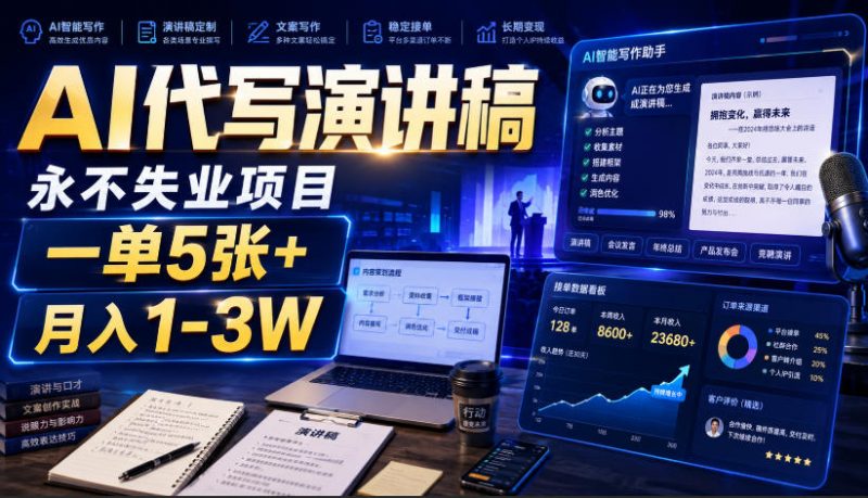 AI代写演讲稿，永不失业项目，一单5张+，月入1-3W【揭秘】-玻哥网络技术工作室
