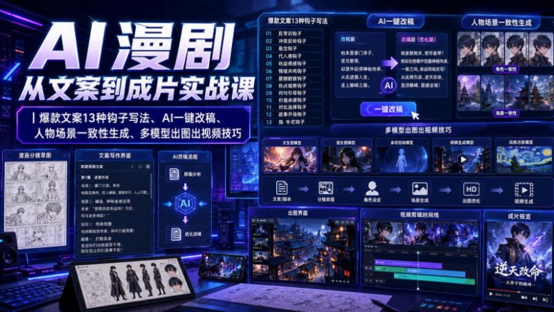 AI漫剧从文案到成片实战课｜爆款文案13种钩子写法、AI一键改稿、人物场景一致性生成、多模型出图出视频技巧-玻哥网络技术工作室