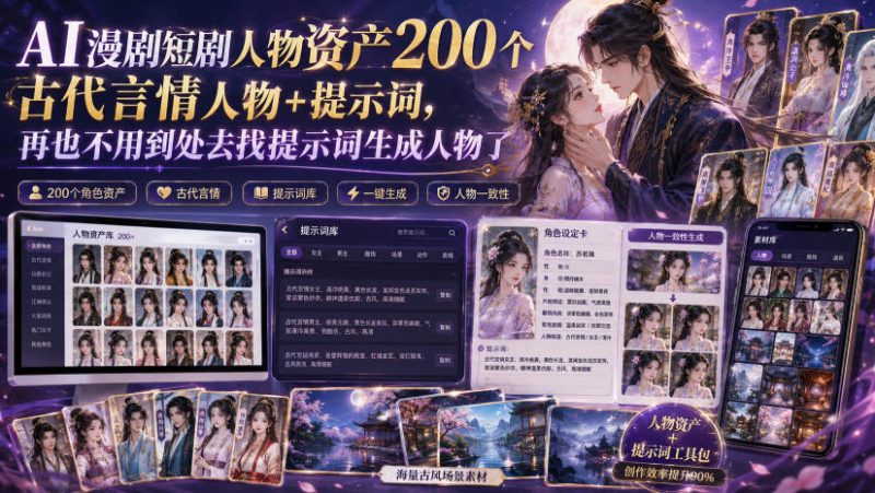 AI漫剧短剧人物资产200个古代言情人物+提示词，再也不用到处去找提示词生成人物了-玻哥网络技术工作室