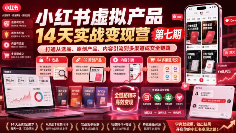 小红书虚拟产品14天实战变现营第七期，打通从选品、原创产品、内容引流到多渠道成交全链路-玻哥网络技术工作室