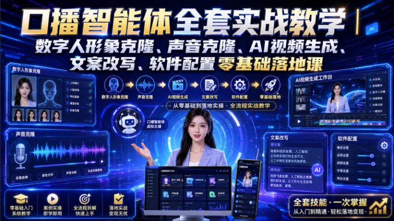 口播智能体全套实战教学｜数字人形象克隆、声音克隆、AI视频生成、文案改写、软件配置零基础落地课-玻哥网络技术工作室