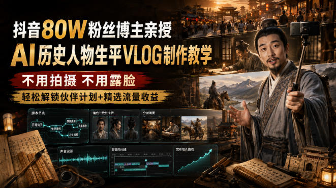 抖音80W粉丝博主的AI历史人物生平VLOG教学，不用拍摄不用露脸，AI帮你搞定，轻松解锁伙伴计划+精选收益-玻哥网络技术工作室
