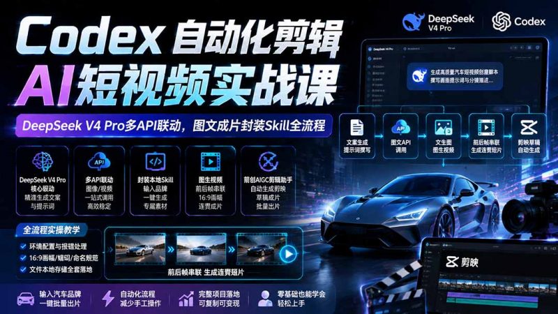 Codex自动化剪辑AI短视频实战课|DeepSeek V4 Pro多API联动,图文成片封装Skill全流程-玻哥网络技术工作室