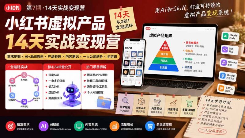 小红书虚拟产品14天实战变现营-第7期：需求挖掘×AI+Skill原创×产品矩阵×内容笔记×一人公司进阶×全链路-玻哥网络技术工作室