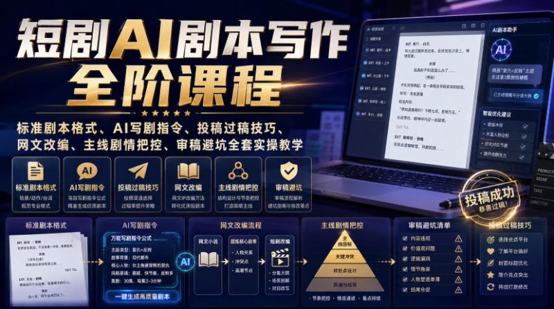 短剧AI剧本写作全阶课程|标准剧本格式、AI写剧指令、投稿过稿技巧、网文改编、主线剧情把控、审稿避坑全套实操教学-玻哥网络技术工作室