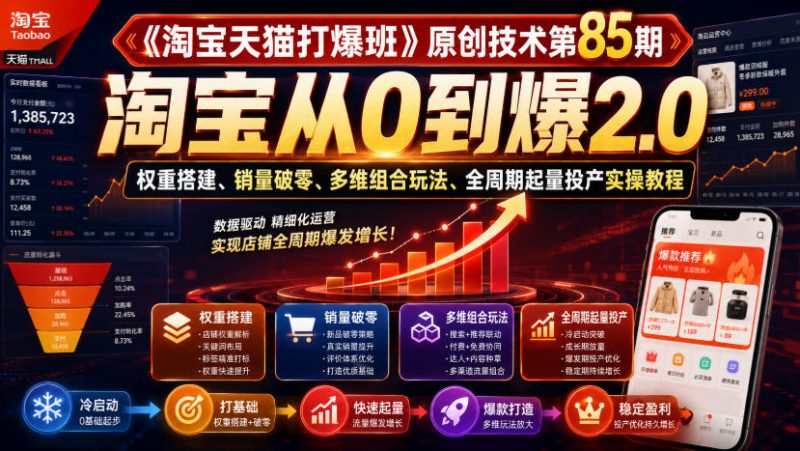 《淘宝天猫打爆班》原创技术第85期，淘宝从0到爆2.0，权重搭建、销量破零、多维组合玩法、全周期起量投产实操教程-玻哥网络技术工作室