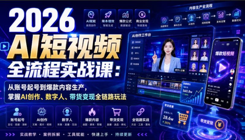 2026 AI短视频全流程实战课：从账号起号到爆款内容生产，掌握AI创作、数字人、带货变现全链路玩法-玻哥网络技术工作室