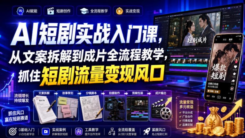 AI短剧实战入门课,从文案拆解到成片全流程教学,抓住短剧流量变现风口-玻哥网络技术工作室
