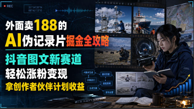 外面卖188的AI伪记录片掘金全攻略，抖音图文新赛道，轻松涨粉变现，拿创作者伙伴计划收益【文档】-玻哥网络技术工作室