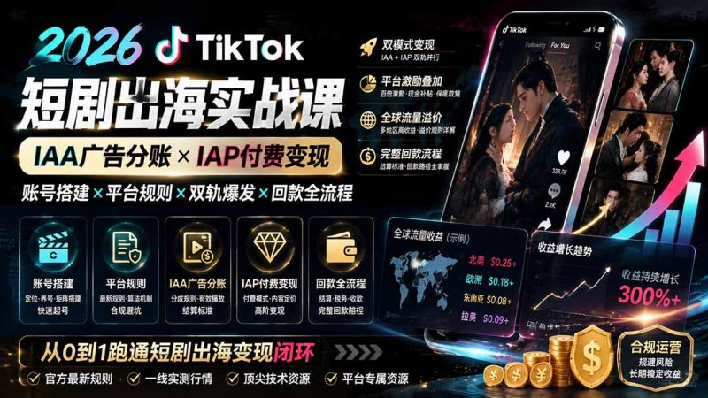 2026TikTok短剧出海实战课：IAA广告分账×IAP付费变现×账号搭建×平台规则×双轨爆发×回款全流程-玻哥网络技术工作室