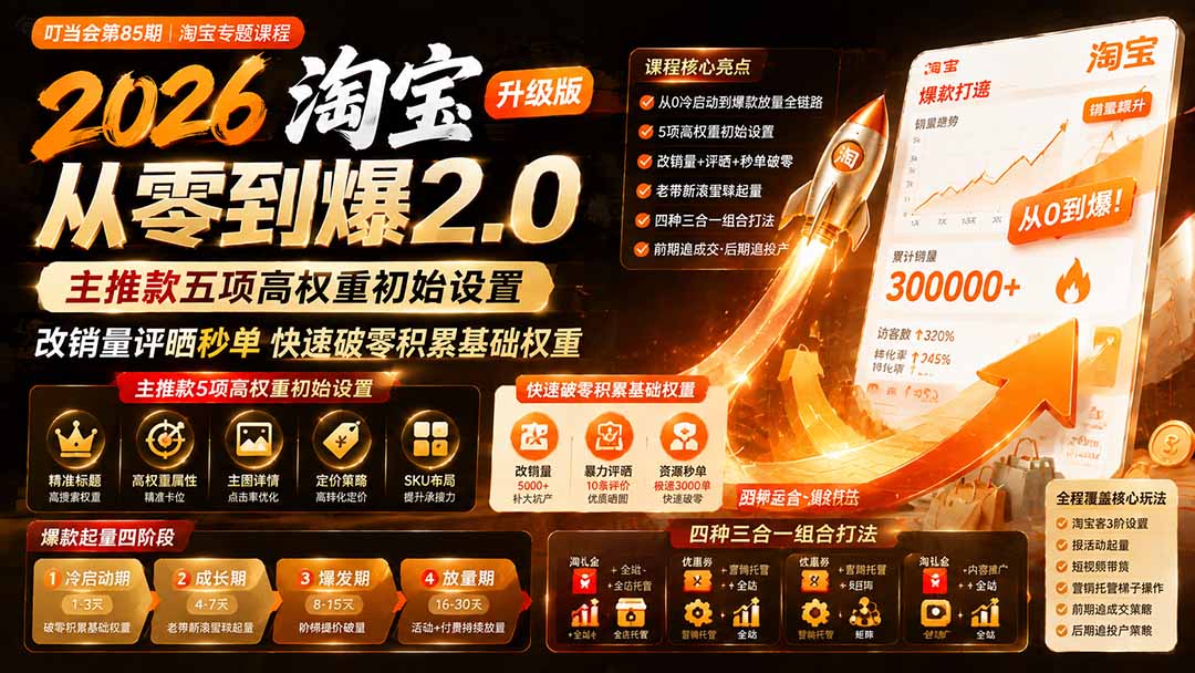 图片[1]-2026淘宝从零到爆2.0第85期；主推款五项高权重初始设置，改销量评晒秒单快速破零积累基础权重-玻哥网络技术工作室
