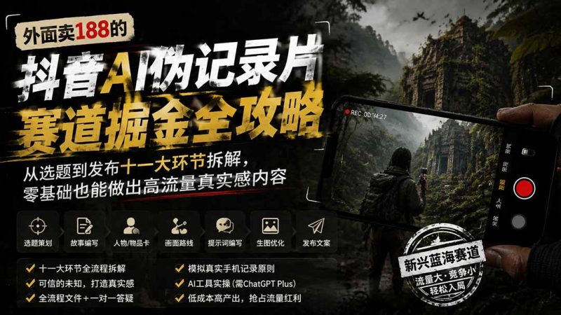 外面卖188的抖音AI伪记录片赛道掘金全攻略；从选题到发布十一大环节拆解，零基础也能做出高流量真实感内容-玻哥网络技术工作室