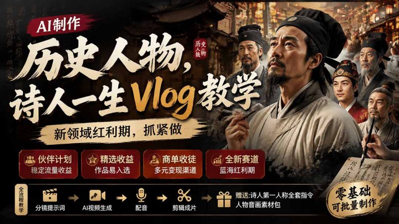 历史人物，诗人一生Vlog教学， AI制作丨伙伴计划丨精选收益丨商单收徒 ，新领域红利期，抓紧做-玻哥网络技术工作室