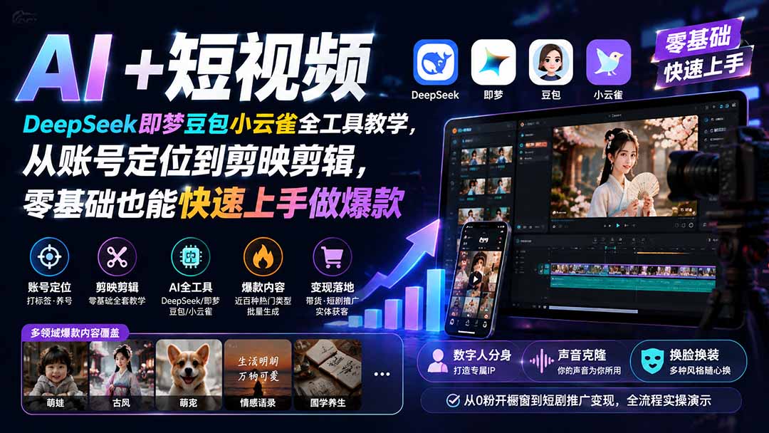 图片[1]-AI+短视频｜DeepSeek即梦豆包小云雀全工具教学，从账号定位到剪映剪辑，零基础也能快速上手做爆款-玻哥网络技术工作室