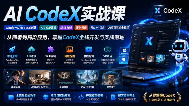 AI  CodeX实战课｜Windows/Mac 本地部署｜API 对接调通｜Skill 自制｜漫剧剪辑｜网站 VR 项目｜AI项目落地全教程-玻哥网络技术工作室