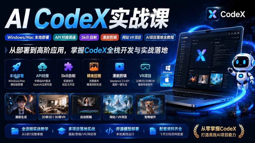 图片[2]-AI  CodeX实战课｜Windows/Mac 本地部署｜API 对接调通｜Skill 自制｜漫剧剪辑｜网站 VR 项目｜AI项目落地全教程-玻哥网络技术工作室
