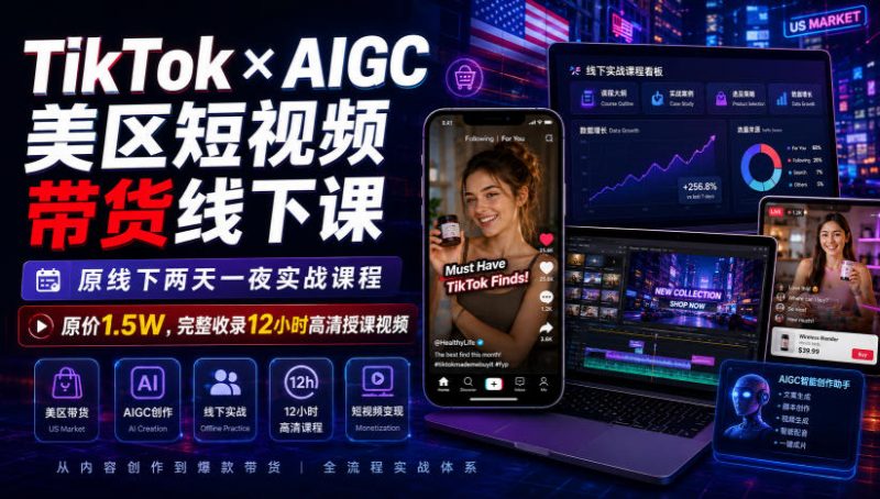 TikTok×AIGC美区短视频带货线下课，原线下两天一夜实战课程，原价1.5W，完整收录12小时高清授课视频-玻哥网络技术工作室
