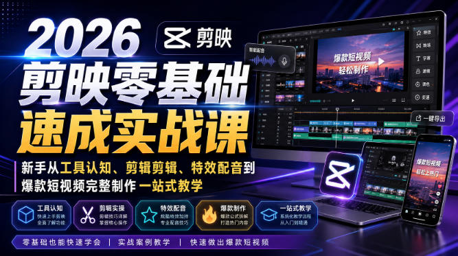 2026剪映零基础速成实战课｜新手从工具认知、剪辑剪辑、特效配音到爆款短视频完整制作一站式教学-玻哥网络技术工作室