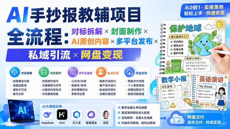 AI手抄报教辅项目全流程：对标拆解×封面制作×AI原创内容×多平台发布×私域引流×网盘变现-玻哥网络技术工作室