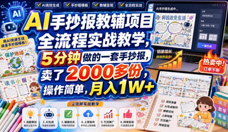 AI手抄报教辅项目全流程实战教学，5分钟做的一套手抄报，卖了2000多份，操作简单，月入1W+-玻哥网络技术工作室