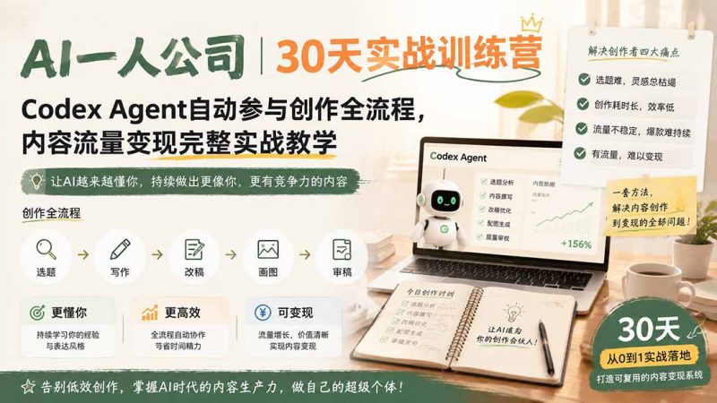 AI一人公司｜30天实战训练营；Codex Agent自动参与创作全流程，内容流量变现完整实战教学-玻哥网络技术工作室
