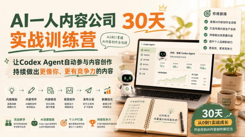 AI一人内容公司30天实战训练营，让Codex Agent自动参与内容创作持续做出更像你、更有竞争力的内容-玻哥网络技术工作室