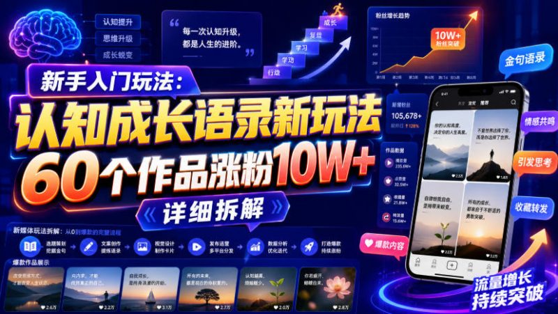 新手入门玩法：认知成长语录新玩法，60个作品涨粉10W+，详细拆解-玻哥网络技术工作室