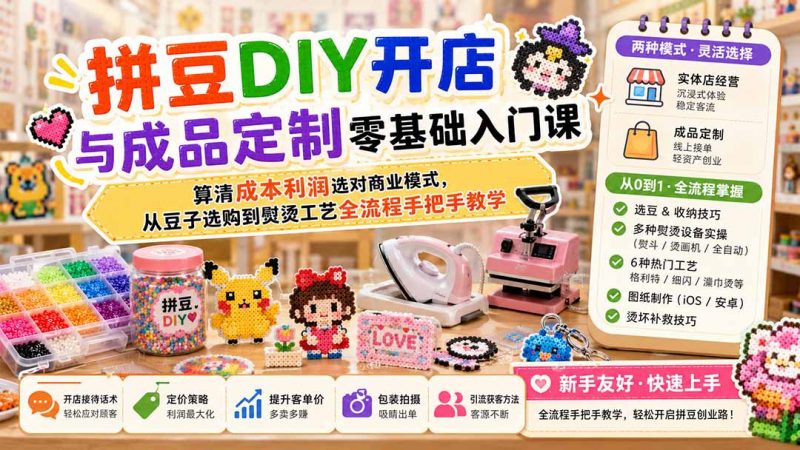 拼豆DIY开店与成品定制零基础入门课；算清成本利润选对商业模式，从豆子选购到熨烫工艺全流程手把手教学-玻哥网络技术工作室