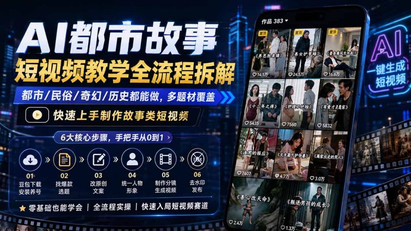 AI都市故事短视频教学全流程拆解；都市/民俗/奇幻/历史都能做多题材覆盖，快速上手制作故事类短视频-玻哥网络技术工作室
