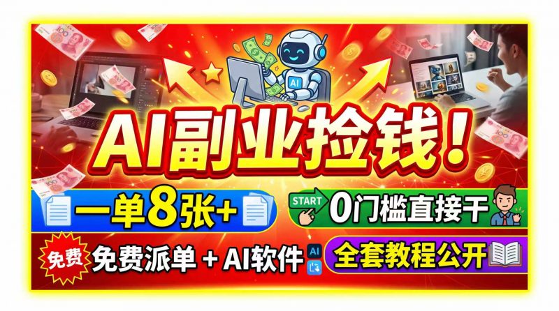 AI副业捡钱！一单8张+，免费派单+AI软件，0门槛直接干，全套教程公开-玻哥网络技术工作室