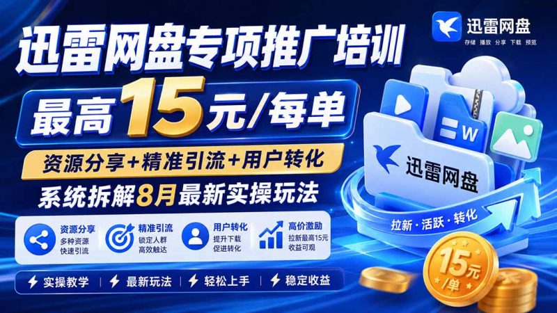 迅雷网盘专项推广培训-更新8月——最高15元/每单，资源分享+精准引流+用户转化，系统拆解最新实操玩法-玻哥网络技术工作室