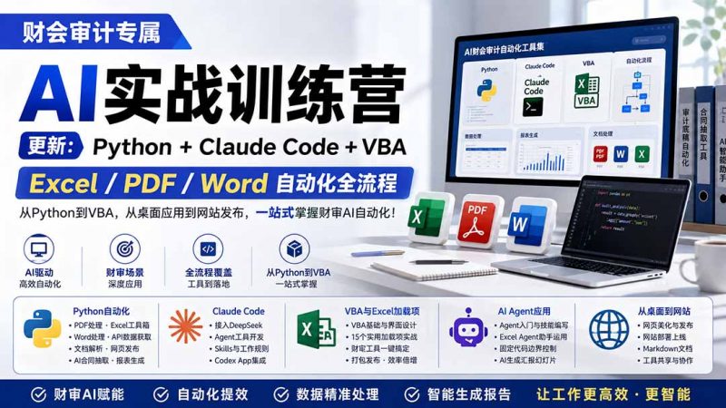 财会审计专属 AI实战训练营：Python+Claude Code+VBA，Excel/PDF/Word自动化全流程 (更新-玻哥网络技术工作室
