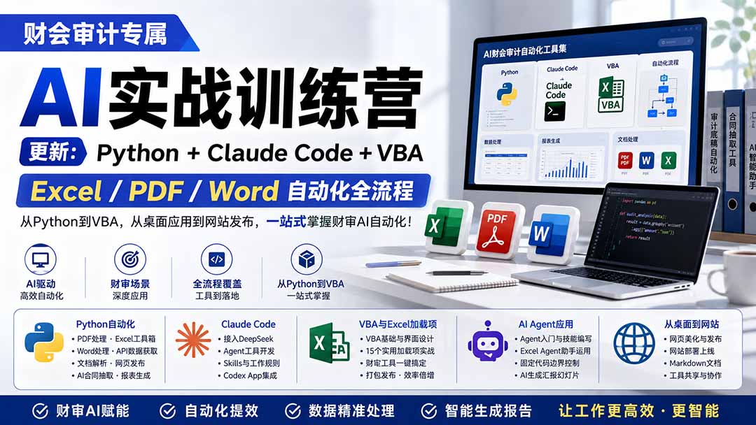 图片[1]-财会审计专属 AI实战训练营：Python+Claude Code+VBA，Excel/PDF/Word自动化全流程 (更新-玻哥网络技术工作室