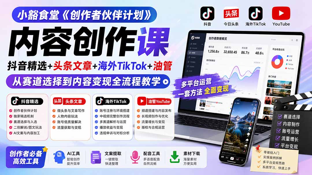 图片[1]-小豁食堂《创作者伙伴计划》内容创作课：抖音精选+头条文章+海外TikTok+油管，从赛道选择到内容变现全流程教学-玻哥网络技术工作室