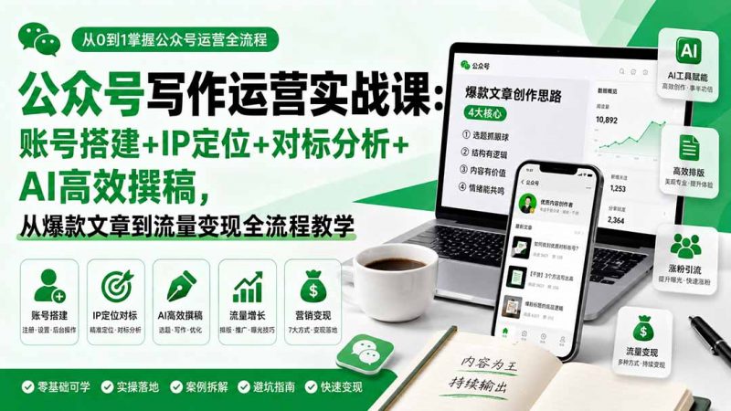 公众号写作运营实战课：账号搭建+IP定位+对标分析+AI高效撰稿，从爆款文章到流量变现全流程教学-玻哥网络技术工作室