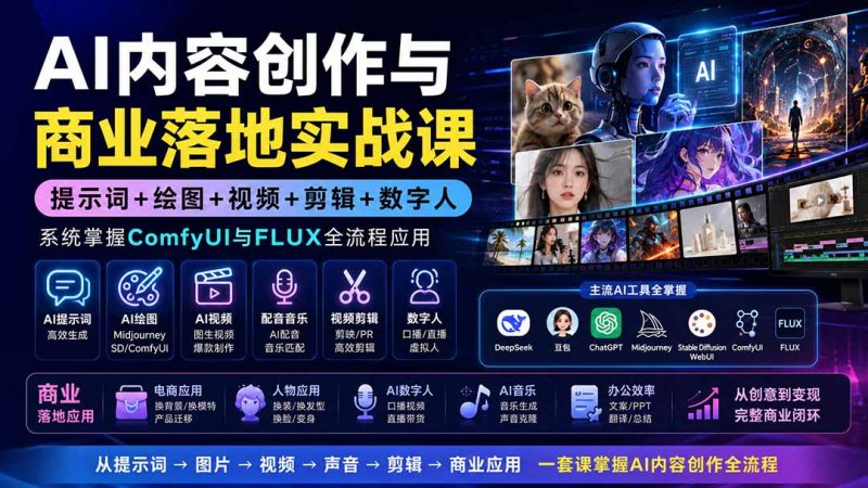 AI内容创作与商业落地实战课：提示词+绘图+视频+剪辑+数字人，系统掌握ComfyUI与FLUX全流程应用-玻哥网络技术工作室